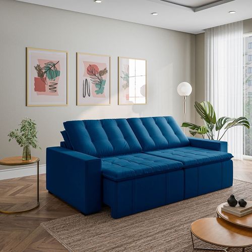 Sofá Cama Retrátil e Reclinável 4 Lugares 280cm em Veludo Palmeira CabeCasa MadeiraOriginals Azul Azul