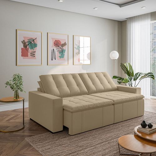 Sofá Cama Retrátil e Reclinável 4 Lugares 280cm em Veludo Palmeira CabeCasa MadeiraOriginals Bege Bege
