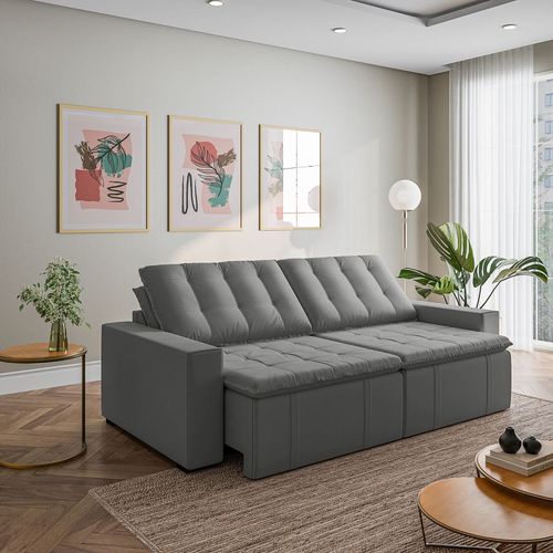 Sofá Cama Retrátil e Reclinável 4 Lugares 280cm em Veludo Palmeira CabeCasa MadeiraOriginals Cinza Cinza