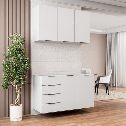 Cozinha Modulada 2 Peças sem Tampo 1 Aéreo 3 Portas e 1 Balcão Pia Ipanema CabeCasa MadeiraOriginals Branco