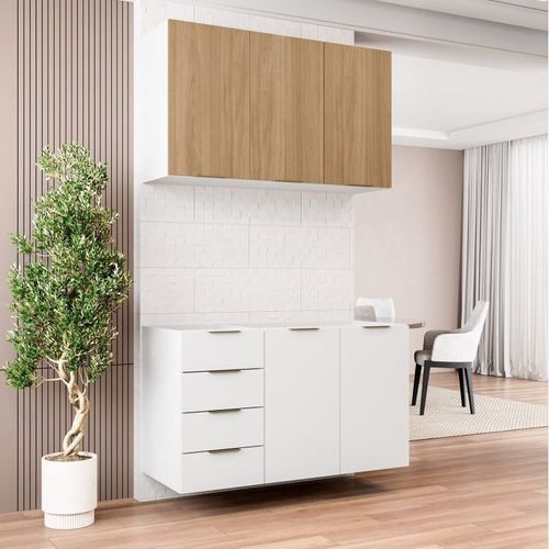 Cozinha Modulada 2 Peças sem Tampo 1 Aéreo 3 Portas e 1 Balcão Pia Ipanema CabeCasa MadeiraOriginals Branco/Acácia
