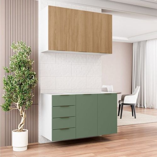 Cozinha Modulada 2 Peças sem Tampo 1 Aéreo 3 Portas e 1 Balcão Pia Ipanema CabeCasa MadeiraOriginals Verde/Amadeirado