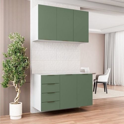 Cozinha Modulada 2 Peças sem Tampo 1 Aéreo 3 Portas e 1 Balcão Pia Ipanema CabeCasa MadeiraOriginals Verde