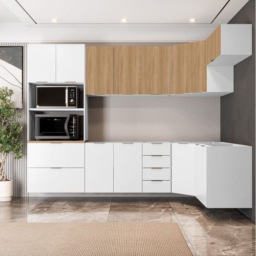 Cozinha Modulada 7 Peças 3 Aéreos 3 Balcões e Torre Quente Ipanema CabeCasa MadeiraOriginals Branco/Acácia