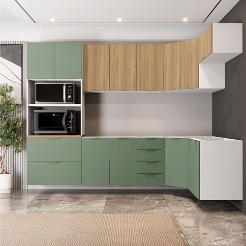Cozinha Modulada 7 Peças 3 Aéreos 3 Balcões e Torre Quente Ipanema CabeCasa MadeiraOriginals Verde/Amadeirado