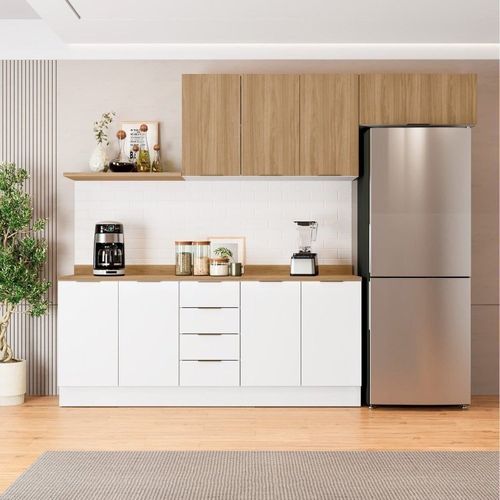 Cozinha Modulada 4 Peças com Tampo 2 Aéreos e 2 Balcões Ipanema CabeCasa MadeiraOriginals Branco/Acácia
