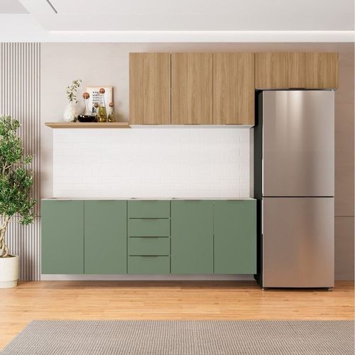 Cozinha Modulada 4 Peças sem Tampo 2 Aéreos e 2 Balcões 2 Portas Ipanema CabeCasa MadeiraOriginals Verde/Amadeirado