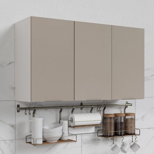 Armário Aéreo 3 Portas 120cm Puxador 150cm Ipanema CabeCasa MadeiraOriginals Fendi Trama/Branco