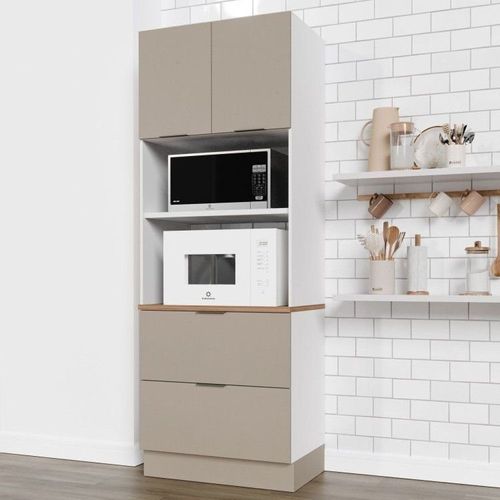 Torre Quente 2 Nichos Forno e Microondas com Rodapé Puxador 150cm Ipanema CabeCasa MadeiraOriginals Fendi Trama/Branco