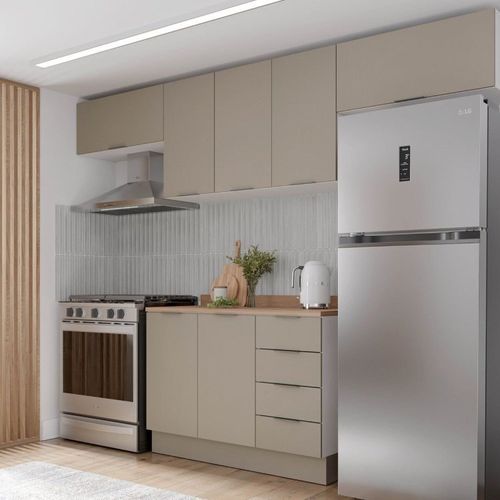 Cozinha Modulada 4 Peças com Tampo e Rodapé 3 Aéreos e 1 Balcão Ipanema CabeCasa MadeiraOriginals Fendi Trama