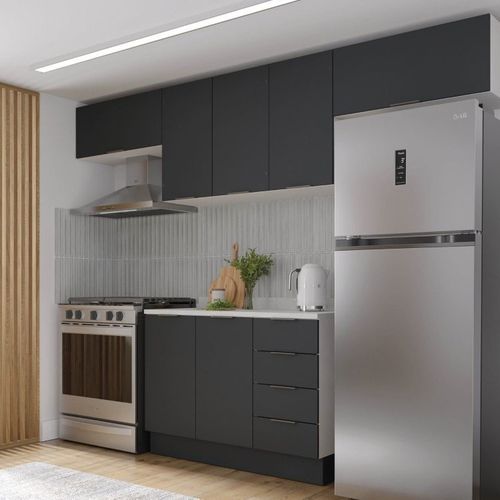 Cozinha Modulada 4 Peças com Tampo e Rodapé 3 Aéreos e 1 Balcão Ipanema CabeCasa MadeiraOriginals Grafite Trama