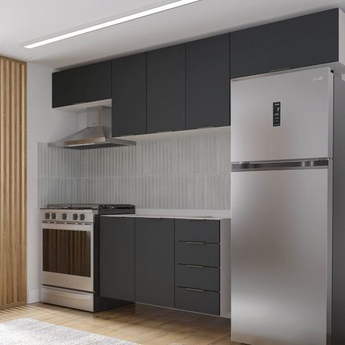 Cozinha Modulada 4 Peças sem Tampo sem Rodapé 3 Aéreos e 1 Balcão Ipanema CabeCasa MadeiraOriginals Grafite Trama