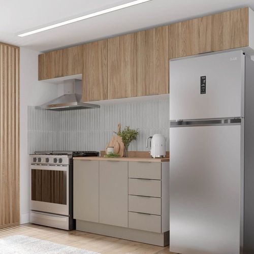 Cozinha Modulada 4 Peças com Tampo e Rodapé 3 Aéreos e 1 Balcão Ipanema CabeCasa MadeiraOriginals Fendi Trama/Acácia