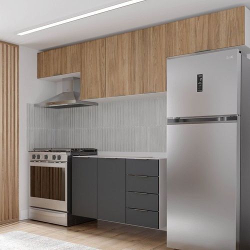 Cozinha Modulada 4 Peças sem Tampo sem Rodapé 3 Aéreos e 1 Balcão Ipanema CabeCasa MadeiraOriginals Grafite Trama/Acácia