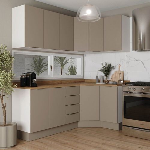 Cozinha Modulada 6 Peças com Tampo e Rodapé 3 Aéreos e 3 Balcões Ipanema CabeCasa MadeiraOriginals Fendi Trama