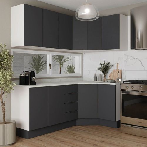 Cozinha Modulada 6 Peças com Tampo e Rodapé 3 Aéreos e 3 Balcões Ipanema CabeCasa MadeiraOriginals Grafite Trama