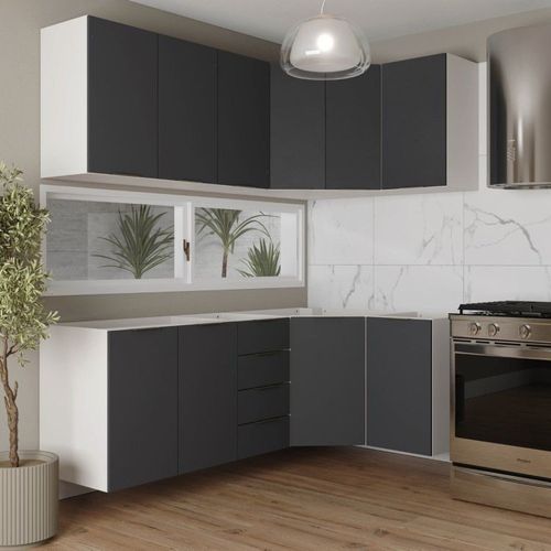 Cozinha Modulada 6 Peças sem Tampo sem Rodapé 3 Aéreos e 3 Balcões Ipanema CabeCasa MadeiraOriginals Grafite Trama