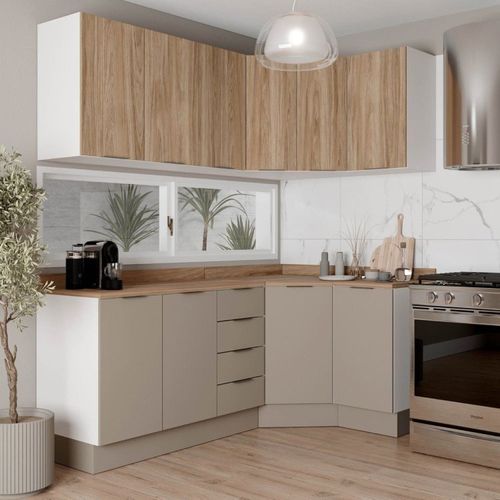Cozinha Modulada 6 Peças com Tampo e Rodapé 3 Aéreos e 3 Balcões Ipanema CabeCasa MadeiraOriginals Fendi Trama/Acácia