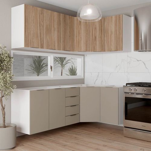 Cozinha Modulada 6 Peças sem Tampo sem Rodapé 3 Aéreos e 3 Balcões Ipanema CabeCasa MadeiraOriginals Fendi Trama/Acácia