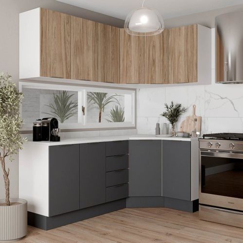 Cozinha Modulada 6 Peças com Tampo e Rodapé 3 Aéreos e 3 Balcões Ipanema CabeCasa MadeiraOriginals Grafite Trama/Acácia