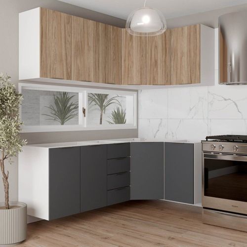 Cozinha Modulada 6 Peças sem Tampo sem Rodapé 3 Aéreos e 3 Balcões Ipanema CabeCasa MadeiraOriginals Grafite Trama/Acácia