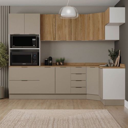 Cozinha Modulada 7 Peças com Tampo e Rodapé Ipanema CabeCasa MadeiraOriginals Fendi Trama/Acácia