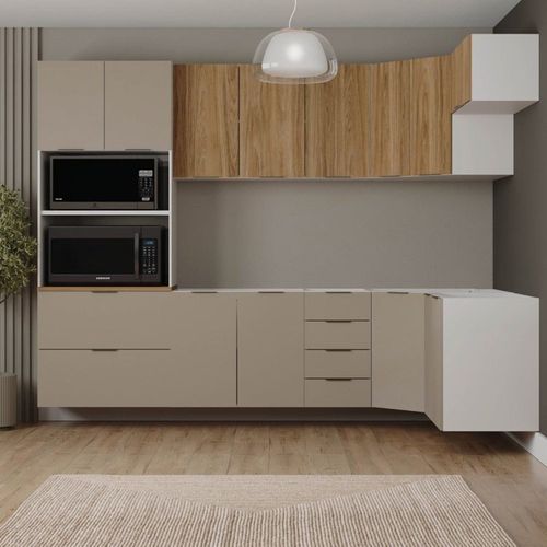Cozinha Modulada 7 Peças sem Tampo sem Rodapé Ipanema CabeCasa MadeiraOriginals Fendi Trama/Acácia