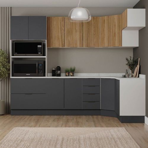 Cozinha Modulada 7 Peças com Tampo e Rodapé Ipanema CabeCasa MadeiraOriginals Grafite Trama/Acácia