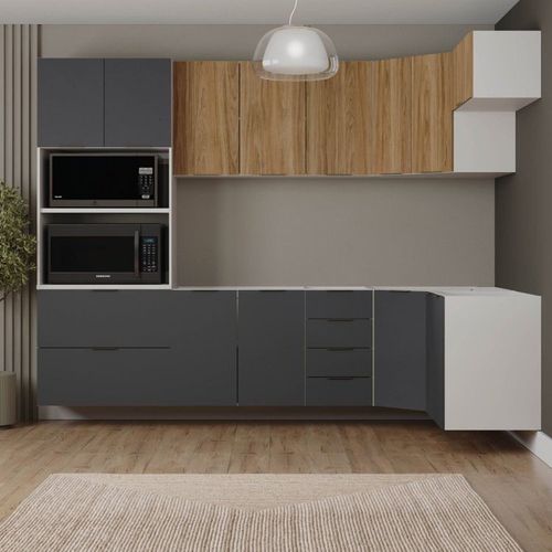 Cozinha Modulada 7 Peças sem Tampo sem Rodapé Ipanema CabeCasa MadeiraOriginals Grafite Trama/Acácia
