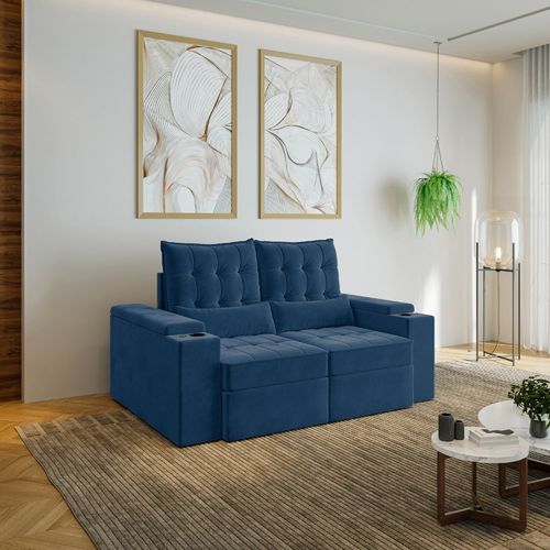 Sofá Retrátil Reclinável 3 Lugares 180cm Porta Copos e USB Embaúba Extra CabeCasa MadeiraOriginals Azul Diamante Azul Diamante
