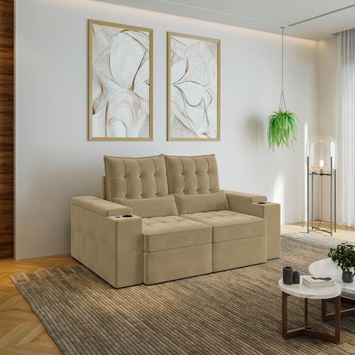 Sofá Retrátil Reclinável 3 Lugares 180cm Porta Copos e USB Embaúba Extra CabeCasa MadeiraOriginals Bege Palha Diamante Palha Diamante