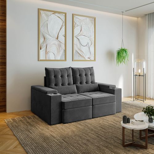 Sofá Retrátil Reclinável 3 Lugares 180cm Porta Copos e USB Embaúba Extra CabeCasa MadeiraOriginals Cinza Diamante Cinza Diamante