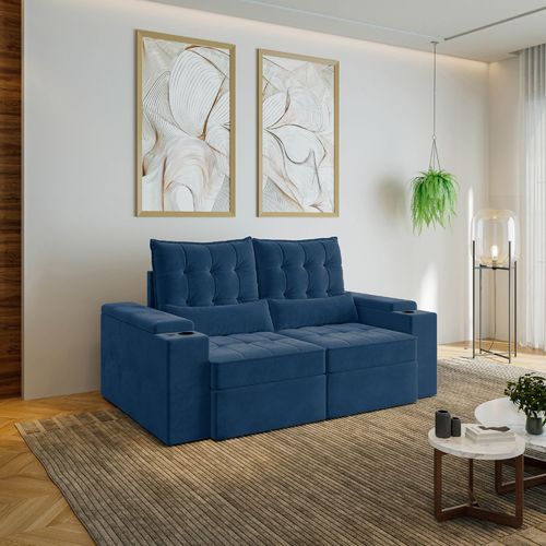 Sofá Retrátil Reclinável 3 Lugares 190cm Porta Copos e USB Embaúba Extra CabeCasa MadeiraOriginals Azul Diamante Azul Diamante