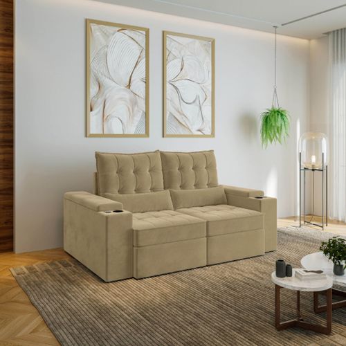 Sofá Retrátil Reclinável 3 Lugares 190cm Porta Copos e USB Embaúba Extra CabeCasa MadeiraOriginals Bege Palha Diamante Palha Diamante