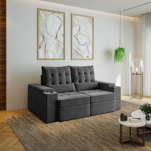 Sofá Retrátil Reclinável 3 Lugares 190cm Porta Copos e USB Embaúba Extra CabeCasa MadeiraOriginals Cinza Diamante Cinza Diamante