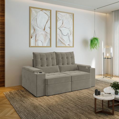 Sofá Retrátil Reclinável 3 Lugares 190cm Porta Copos e USB Embaúba Extra CabeCasa MadeiraOriginals Cinza Claro Fosco Cinza Claro Fosco