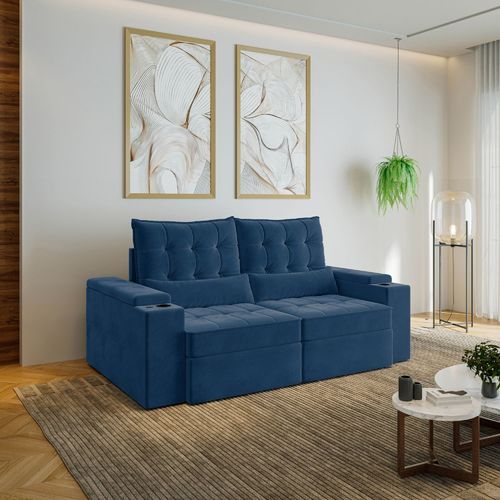 Sofá Retrátil Reclinável 3 Lugares 200cm Porta Copos e USB Embaúba Extra CabeCasa MadeiraOriginals Azul Diamante Azul Diamante