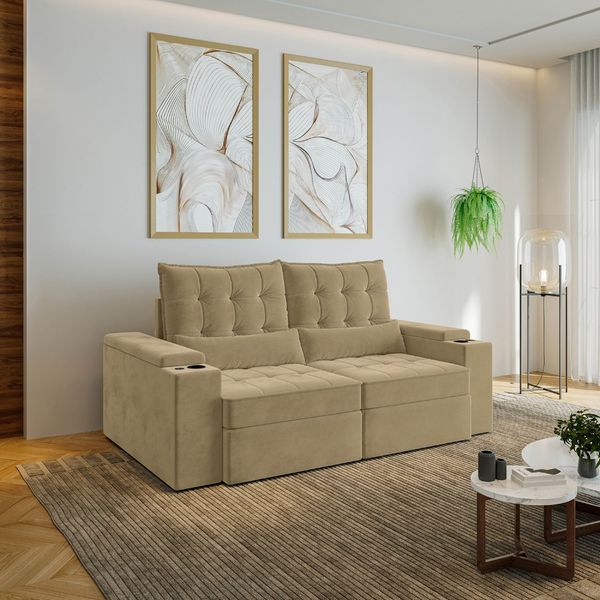 Sofá Retrátil Reclinável 3 Lugares 200cm Porta Copos e USB Embaúba Extra CabeCasa MadeiraOriginals Bege Palha Diamante Palha Diamante