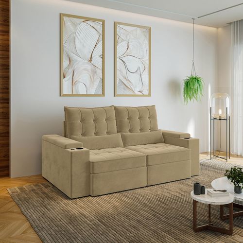 Sofá Retrátil Reclinável 3 Lugares 200cm Porta Copos e USB Embaúba Extra CabeCasa MadeiraOriginals Bege Palha Diamante Palha Diamante