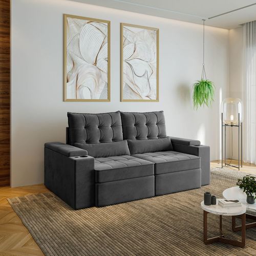 Sofá Retrátil Reclinável 3 Lugares 200cm Porta Copos e USB Embaúba Extra CabeCasa MadeiraOriginals Cinza Diamante Cinza Diamante