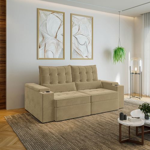 Sofá Retrátil Reclinável 3 Lugares 210cm Porta Copos e USB Embaúba Extra CabeCasa MadeiraOriginals Bege Palha Diamante Palha Diamante