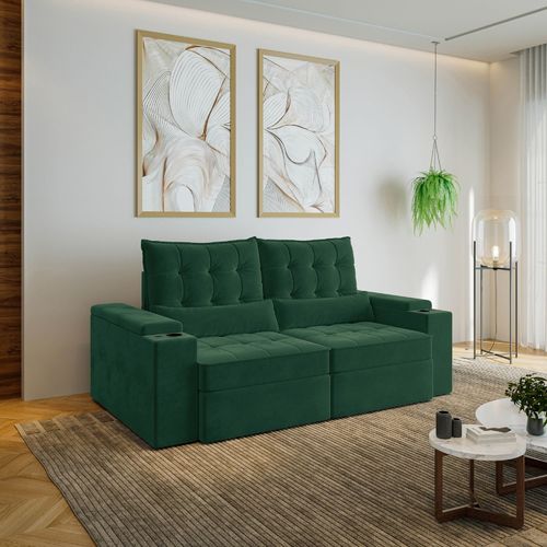 Sofá Retrátil Reclinável 3 Lugares 210cm Porta Copos e USB Embaúba Extra CabeCasa MadeiraOriginals Verde Diamante Verde Diamante