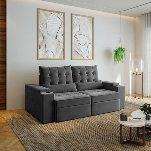 Sofá Retrátil Reclinável 3 Lugares 210cm Porta Copos e USB Embaúba Extra CabeCasa MadeiraOriginals Cinza Diamante Cinza Diamante