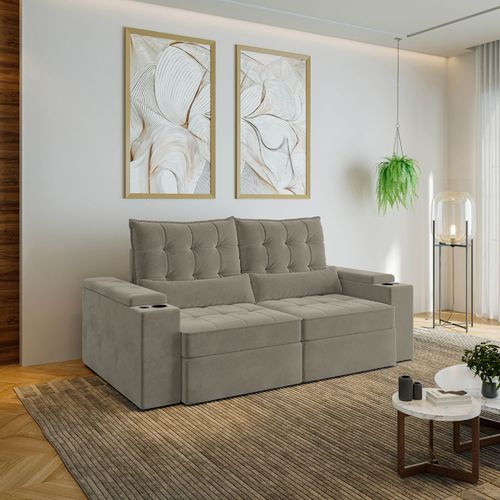 Sofá Retrátil Reclinável 3 Lugares 210cm Porta Copos e USB Embaúba Extra CabeCasa MadeiraOriginals Cinza Claro Fosco Cinza Claro Fosco