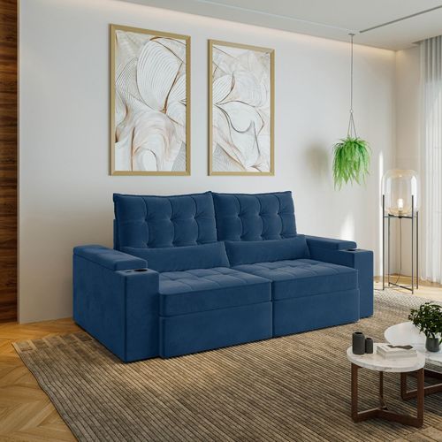 Sofá Retrátil Reclinável 3 Lugares 220cm Porta Copos e USB Embaúba Extra CabeCasa MadeiraOriginals Azul Diamante Azul Diamante
