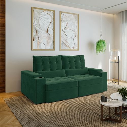 Sofá Retrátil Reclinável 3 Lugares 220cm Porta Copos e USB Embaúba Extra CabeCasa MadeiraOriginals Verde Diamante Verde Diamante