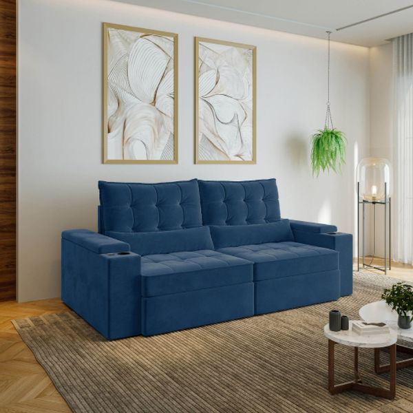 Sofá Retrátil Reclinável 3 Lugares 230cm Porta Copos e USB Embaúba Extra CabeCasa MadeiraOriginals Azul Diamante Azul Diamante