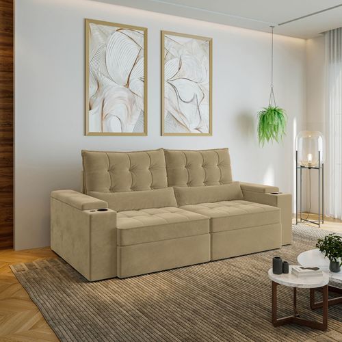 Sofá Retrátil Reclinável 3 Lugares 230cm Porta Copos e USB Embaúba Extra CabeCasa MadeiraOriginals Bege Palha Diamante Palha Diamante