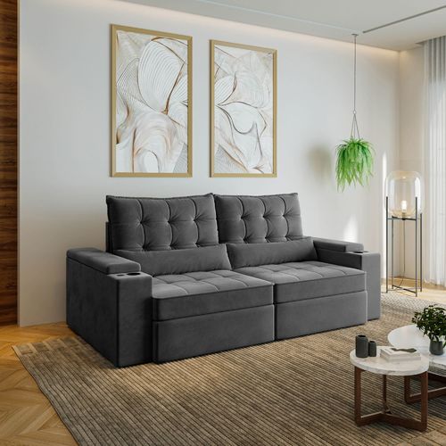 Sofá Retrátil Reclinável 3 Lugares 230cm Porta Copos e USB Embaúba Extra CabeCasa MadeiraOriginals Cinza Diamante Cinza Diamante
