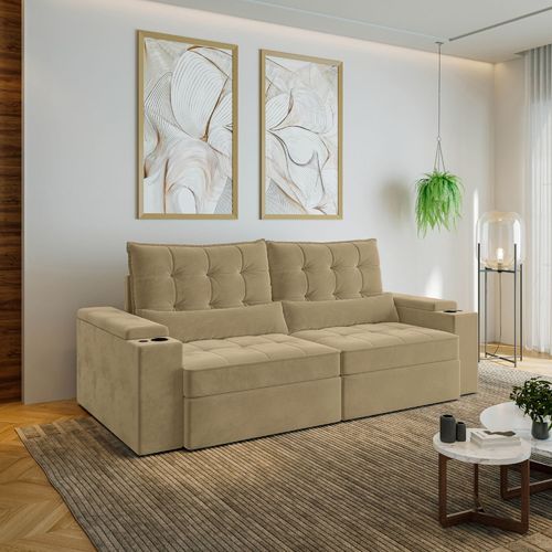 Sofá Retrátil Reclinável 4 Lugares 240cm Porta Copos e USB Embaúba Extra CabeCasa MadeiraOriginals Bege Palha Diamante Palha Diamante